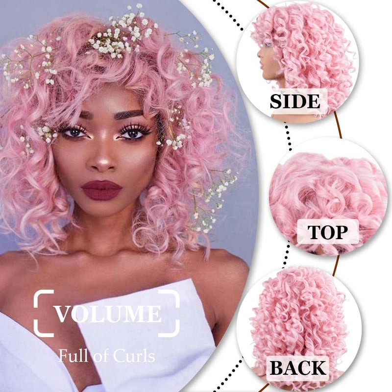 AIDUSA Short Loose Curly Wigs Afro Wig for Black Women Fluffy Curly Big Curls Pink Wig With Bangs Synthetic Wigs for White Women Wavy Natural Looking (Pink) - Image 4